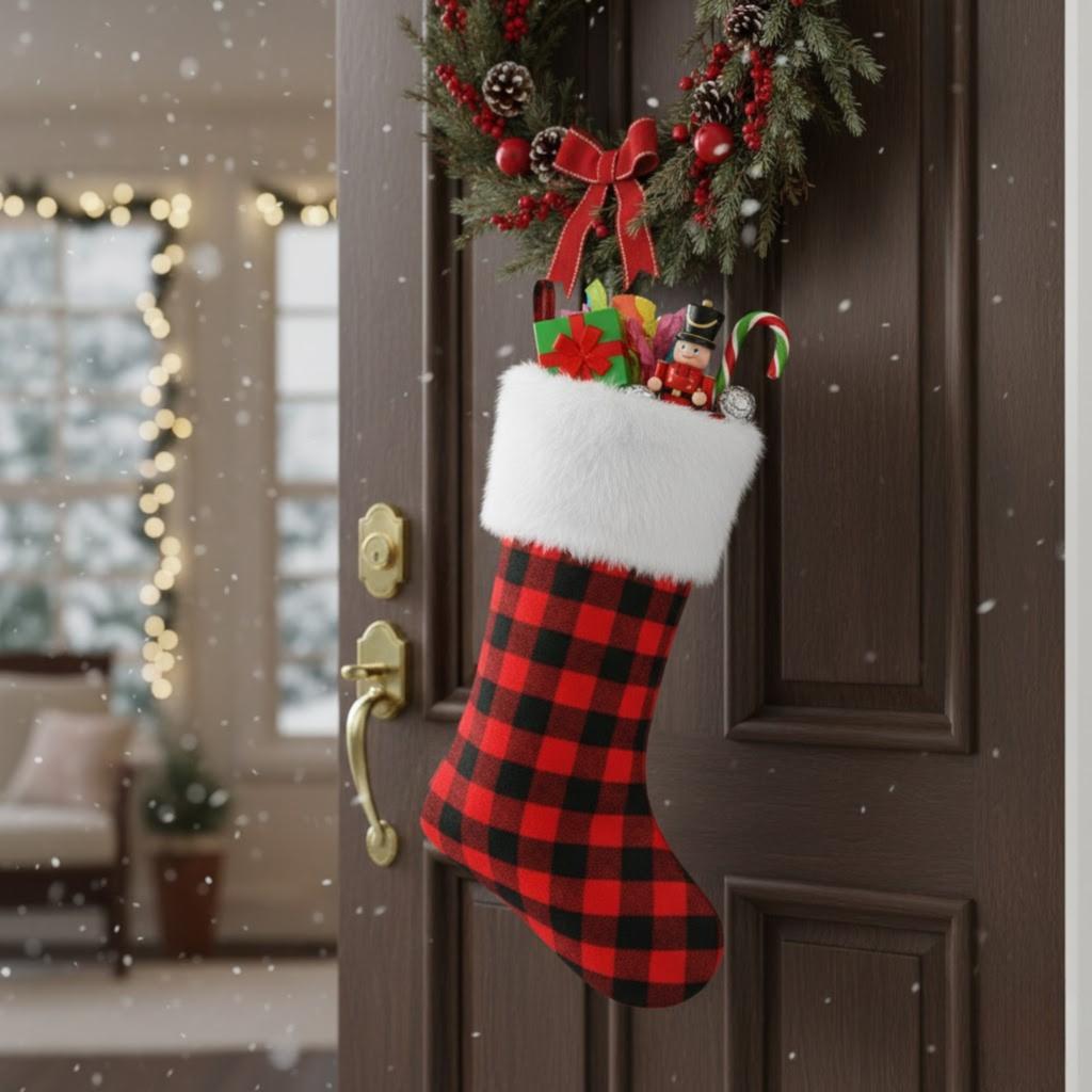 Christmas stocking with a checkered pattern for the fireplace, gifts, pendant, decoration, Christmas tree