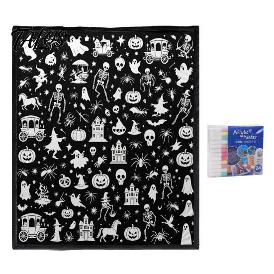 Interactive Coloring Art Gift Halloween DIY Blanket with 24 Markers, Washable Throw Blanket, Color Fabric Kit Your Own Spooky Pattern Mat for