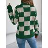 Women Casual High Neck Color Block Plaid Lantern Long Sleeve Pullover Sweater