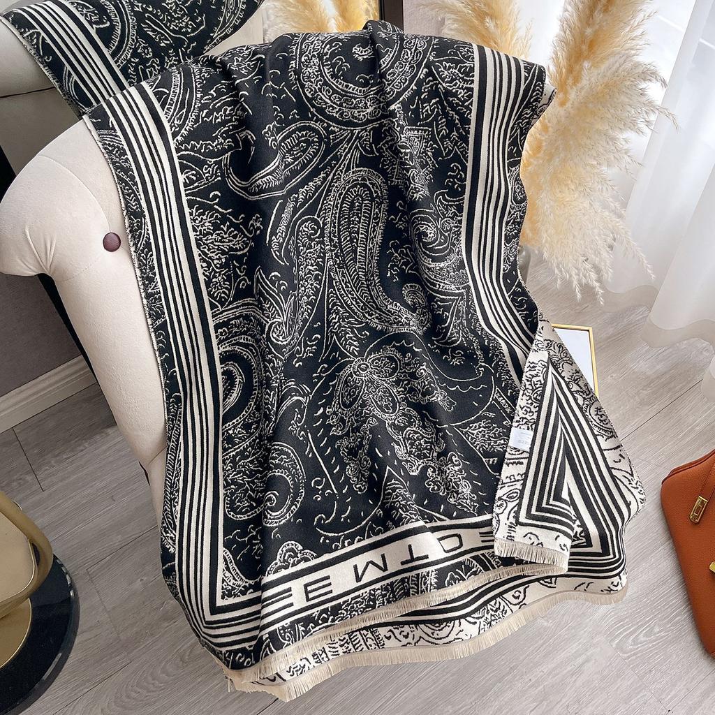 High-End Black Cashew Flower Scarf Women'S Imitation Cashmere Warm Scarf Shawl On Both Sides