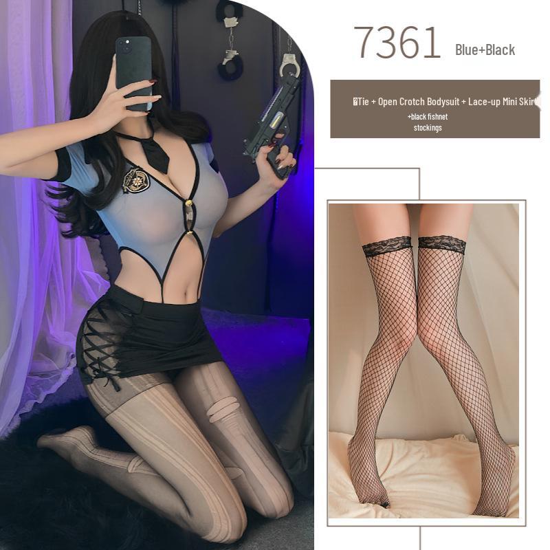 Night Piano Women's Sexy Police Uniform & Flight Attendant Lingerie Set - Cutout Bodysuit with Hip-Hugging Skirt, Style 7361.