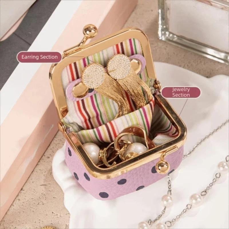 1Pcs Portable Polka Dot Kiss Lock Coin Purse Pu Leather Square Multifunctional Bag For Small Items Jewelry Earrings Storage Box