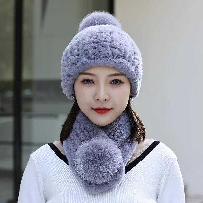Rex Rabbit Hair Hat Scarf Two-piece Set Women's Winter Fur Hat Set Winter Fashion Warm Middle-aged Mother Hat
