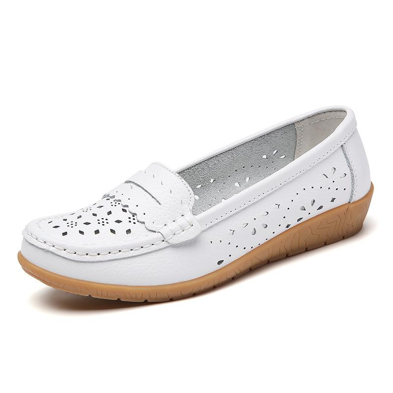 Spring new hollowed-out leather shoes medium and old women's single shoes, female real soft-soled wedges