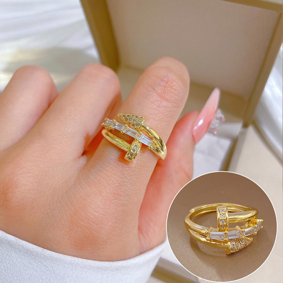 ZAKOL Korean Fashion Three-layer Shiny Zircon Nail Open Ring for Women Engagement Wedding Party Zircon Gift