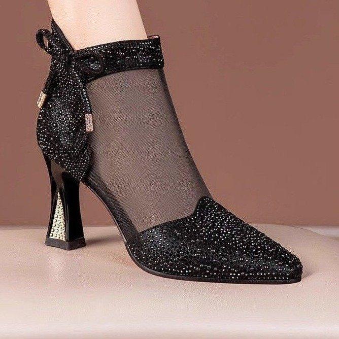 Weicher Teig neue spitze High-Heel coole Stiefel 2025 Sommer dicker Absatz spitz Mesh hohl atmungsaktiv Strass Mesh Stiefel Damen
