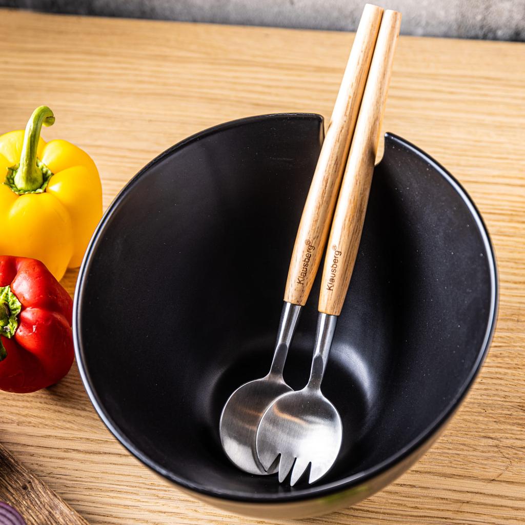 Porcelanowa misa czarna 23cm do sałatek z łyżkami KLAUSBERG KB-7786