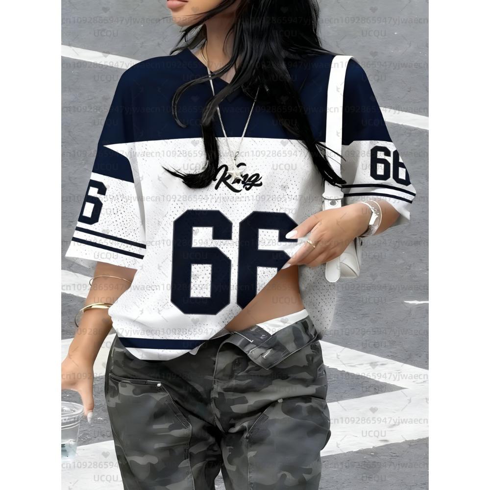 Women's King No.66 Print V-Neck Short Sleeve T-Shirt Summer Graphic Tee Hole Mesh Jerseys Plus Size Sport T-Shirt