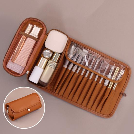 Travel Makeup Brush Bag Roll Up Makeup Brush Organizer 12 Slots Makeup Brush Case with Zipper Pocket for Cosmetic Essentials Makeup Brushes