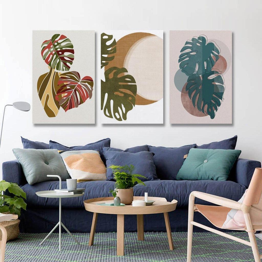 Bohem Yeşil Bitki Duvar Sanatı: Oturma Odası ve Restoran için Vintage Üç Panelli Geometrik Dekor