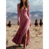 2026 New Women's Vintage Western Style Long Dress with Buttons, Ruched Long Sleeves, Sexy Dress