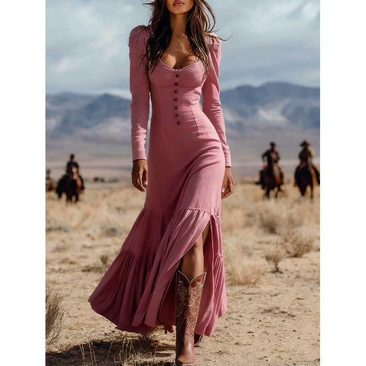 2026 New Women's Vintage Western Style Long Dress with Buttons, Ruched Long Sleeves, Sexy Dress
