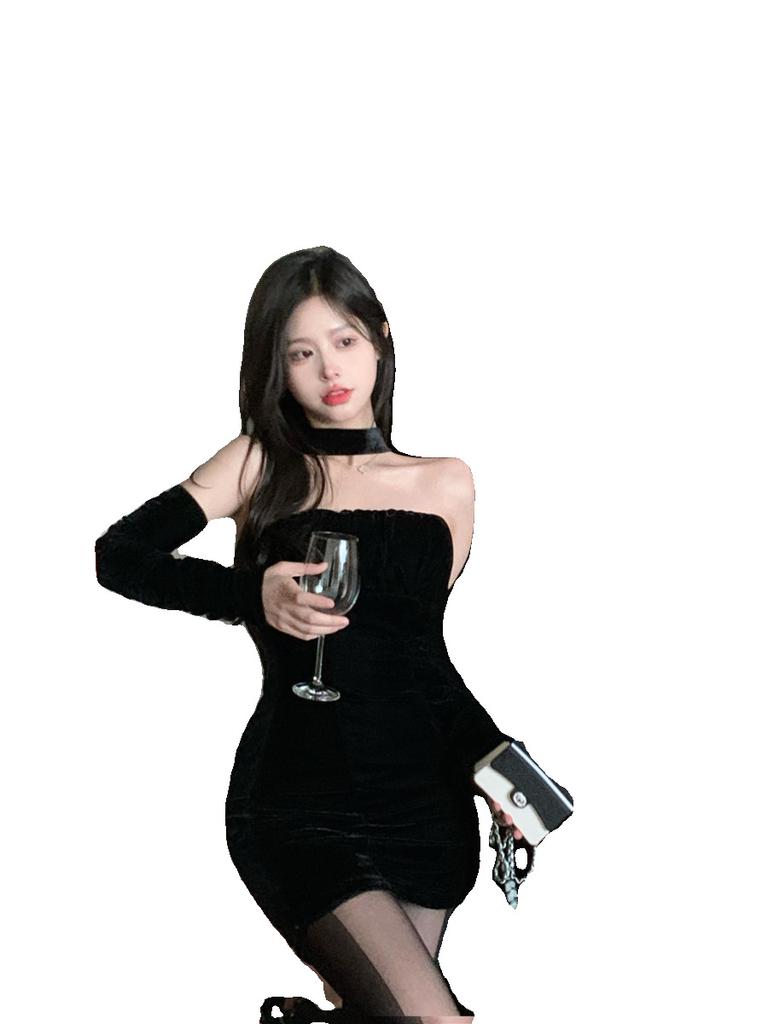 French Sexy Hottie Neck Tube Top Long-sleeved Dress Women's Autumn and Winter Wear with Sleeves Velvet Slim-fitting Hip-wrapped Skirt