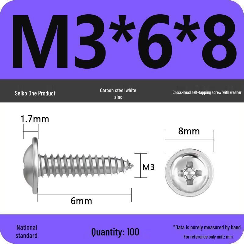 PWA Nickel-Plated Carbon Steel Self-Tapping Screws with Washer, White Zinc Cross Head, Pointed Tail, Sizes: 1.6/1.8/2/2.5