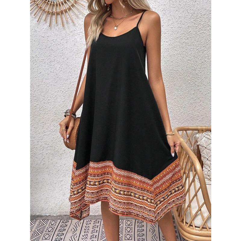 

Женское летнее платье свободного кроя с принтом и неровным подолом XL чёрный