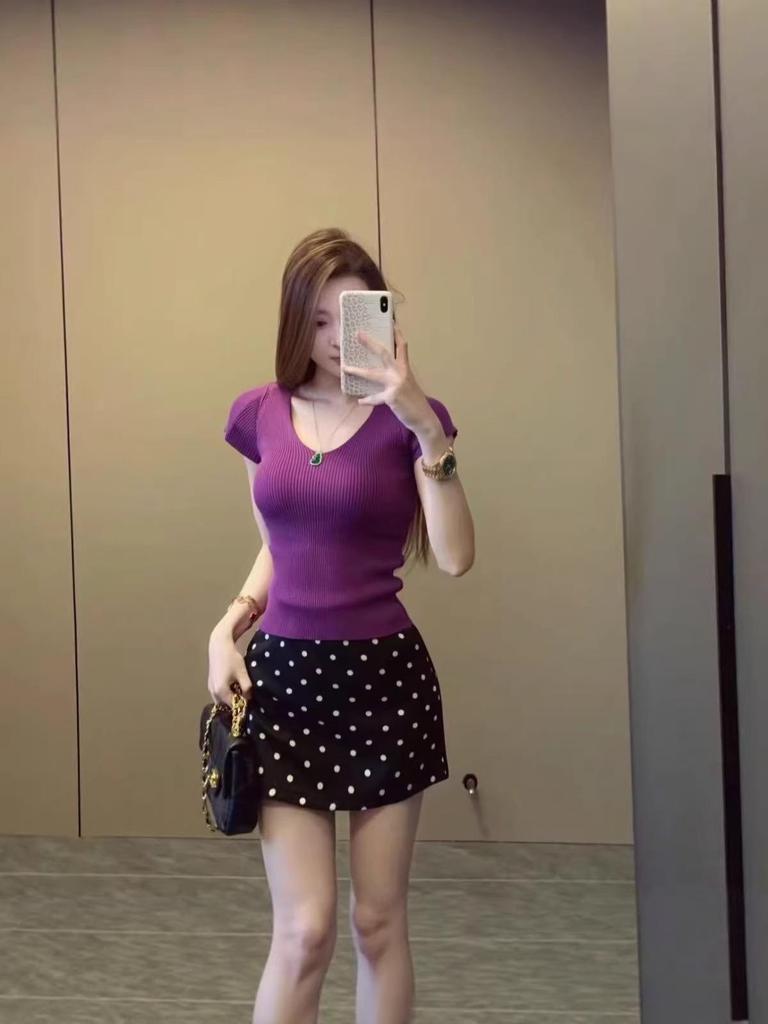 Apricot Polka Dot Women's High-Waisted Slim Fit Short Skirt Suit for Petite Sizes - Versatile Summer Hip-Hugging Design