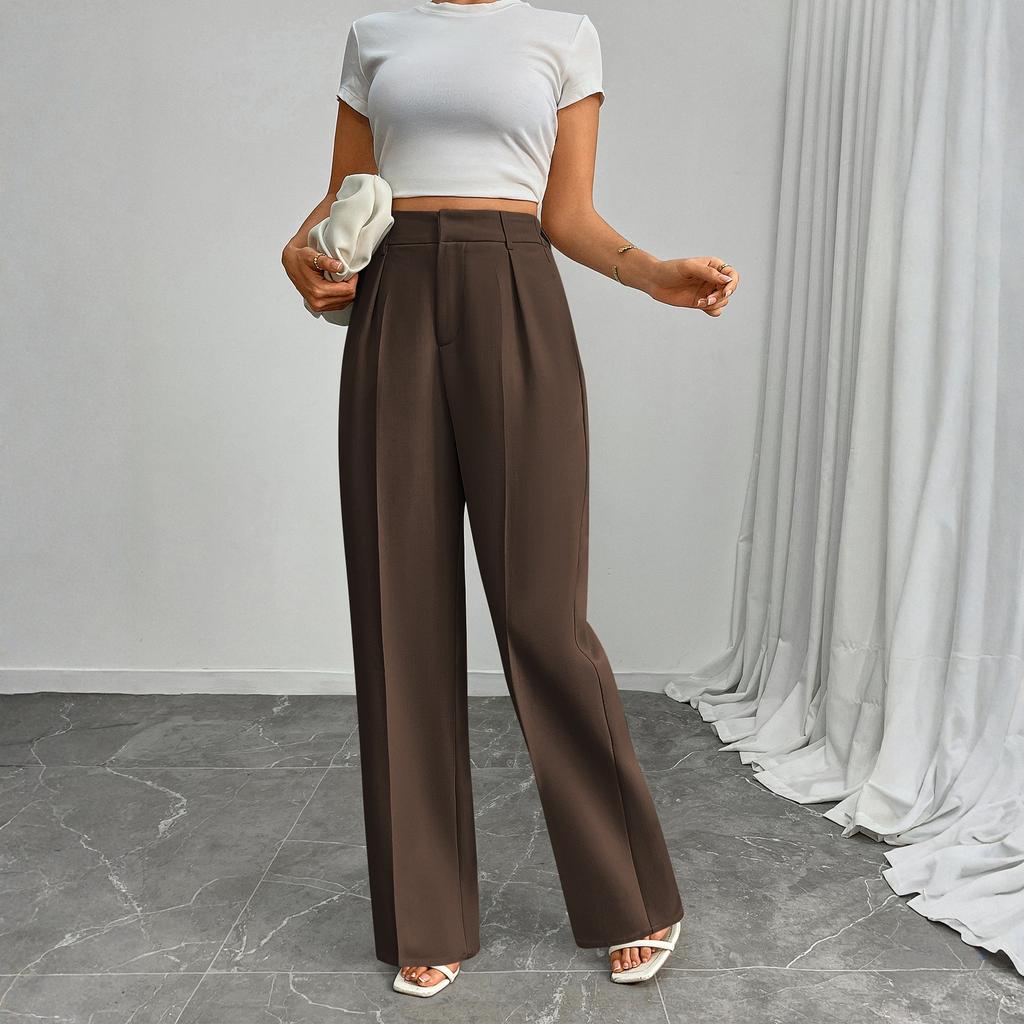 Pantalones de Traje Casuales de Negocios para Mujer de Cintura Alta Sueltos Rectos de Pierna Ancha
