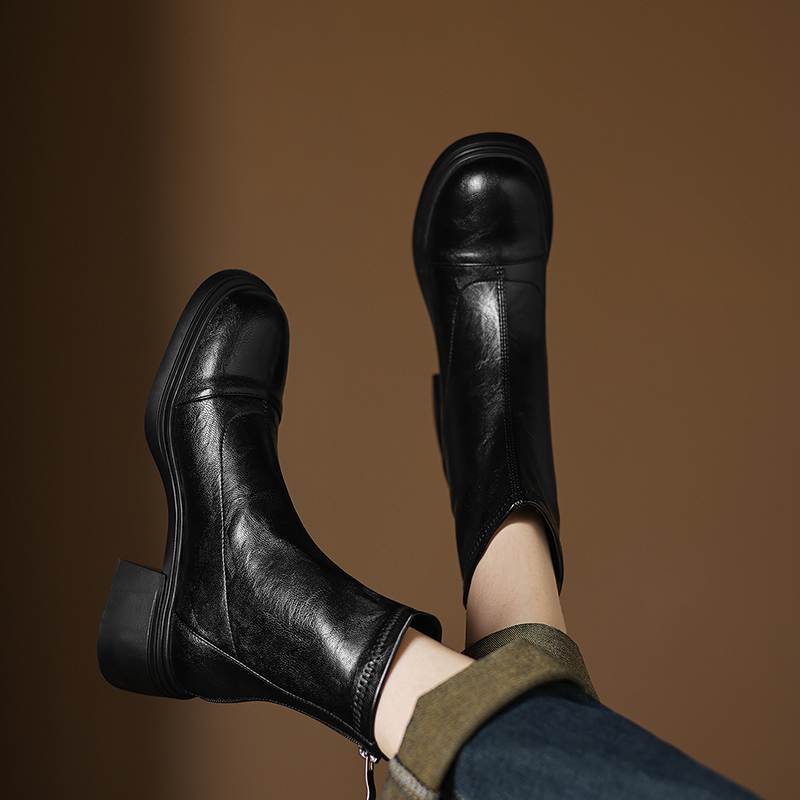Krazing Pot Microfiber Round Toe Chunky Heels Motorcycle Boots Size 42 Zip Women Pleated Decoration Platform Ankle Boots