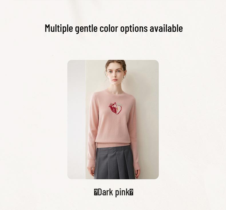 Women's Cashmere Sweater: Round Neck, Long Sleeve, Strawberry Jacquard Knit for Autumn/Winter