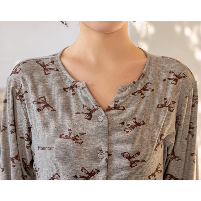Women's Gray Bow Pattern Long Sleeve Pajama Set: Casual & Comfortable for Spring/Summer