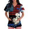 Women's Short-Sleeve Independence Day Print V-Neck Pocket Workwear Top