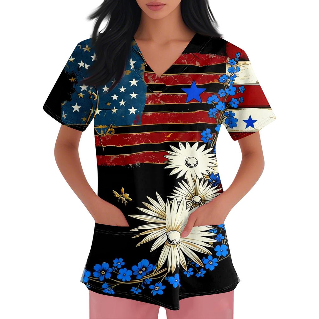 Women's Short-Sleeve Independence Day Print V-Neck Pocket Workwear Top