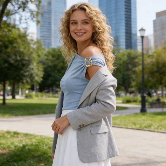 Damskie Topy Asymetryczny Dekolt Metalowa Klamra Krótki Rękaw Pulower Dopasowany Asymetryczny Opuszczony Ramię Koszulka z Złotym Metalowym Pierścieniem