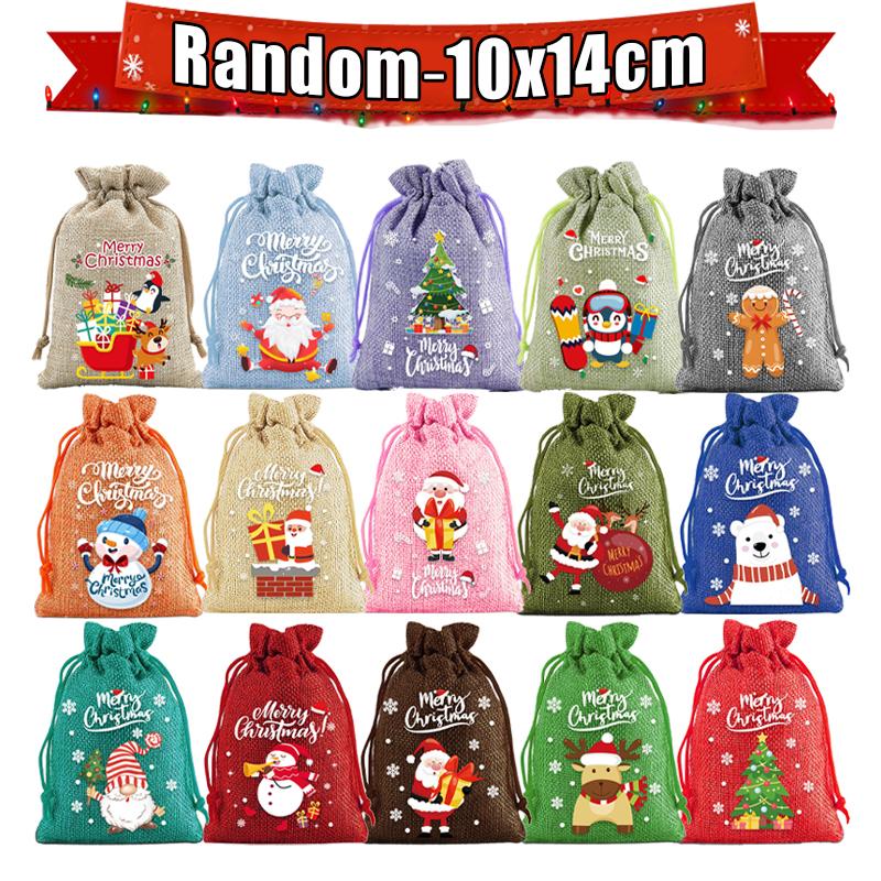 30/1 Stück Bunte Weihnachts-Leinen-Kordelzug-Süßigkeitentaschen Snack-Beutel für Weihnachtsbaumschmuck Partygeschenke Verpackung Aufbewahrungstasche