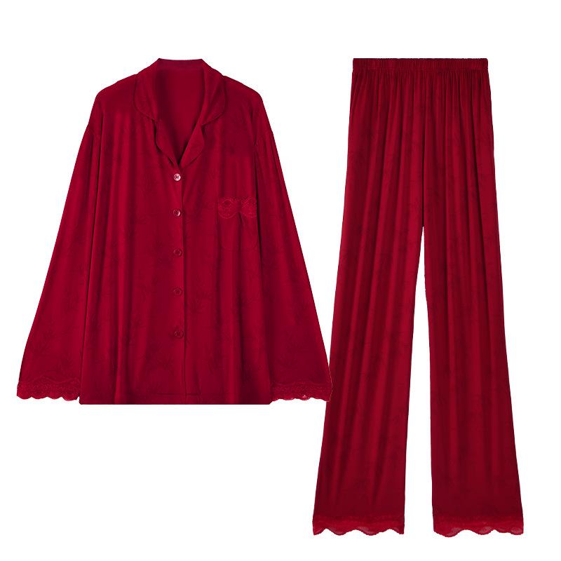 Tranquil Years: Soft, Skin-Friendly Red Wedding Pajama Set for Couples