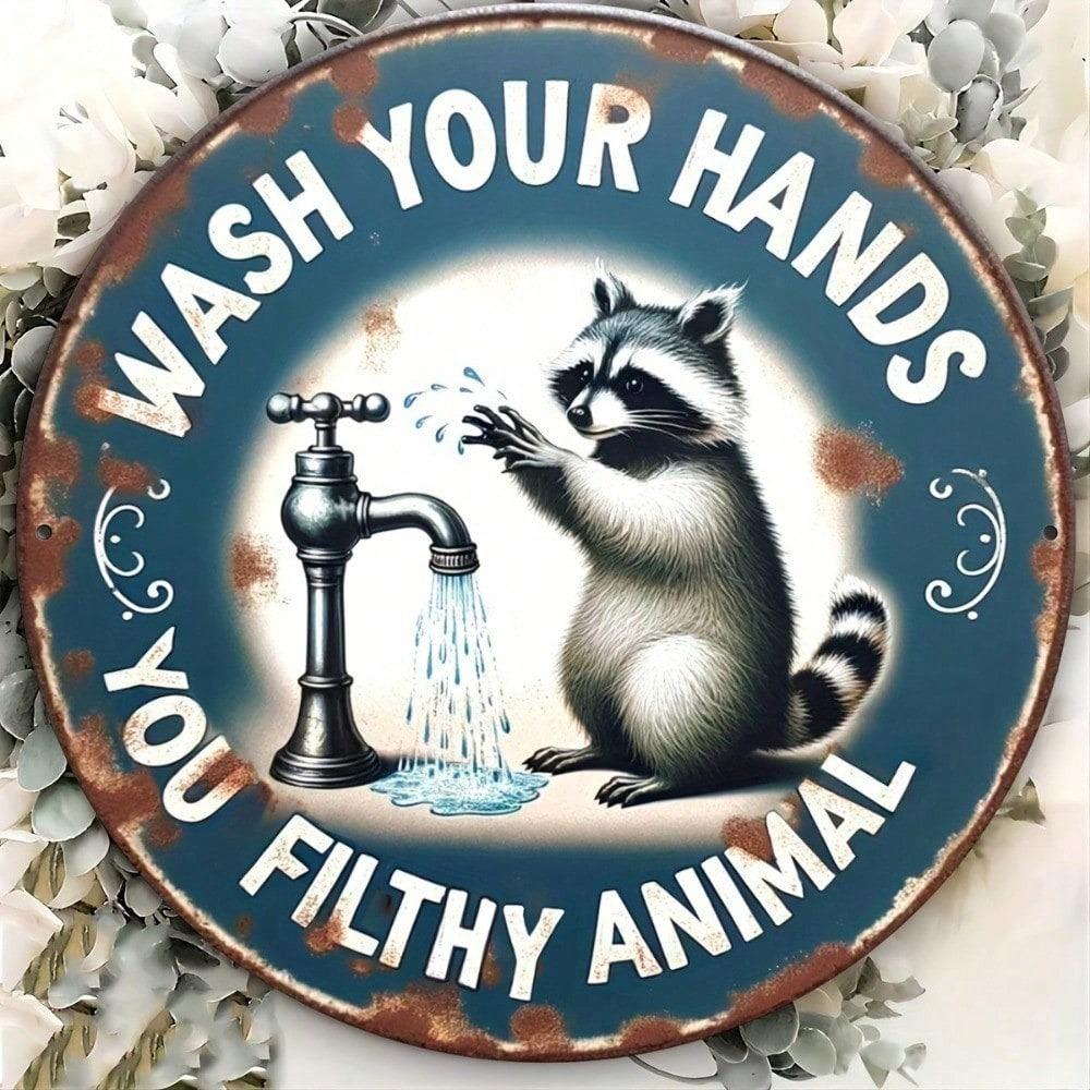 Retro Round Tin Sign Wall Art - 8 Inch Vintage Raccoon Rustic Plaque for Home Bar Kitchen Decor
