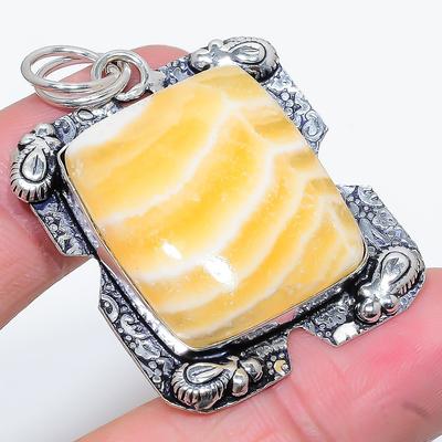 Natural Yellow Septarian Gemstone 925 Sterling Silver Pendant 2.05" h6E10
