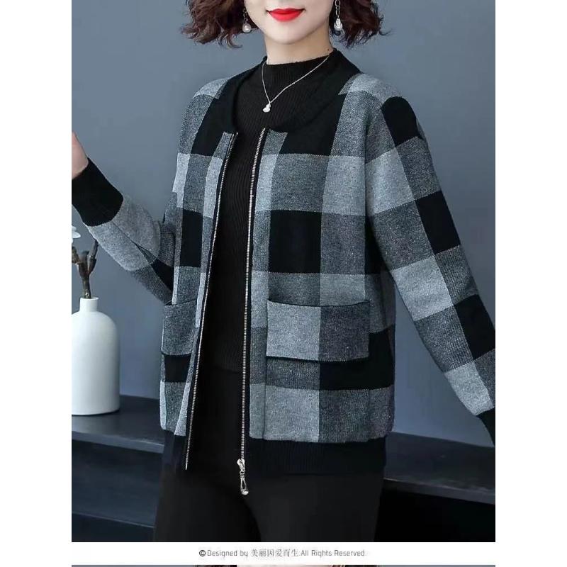 Cardigan Giacca con Zip Manica Lunga a Quadri Contrasto Top Moda Casual