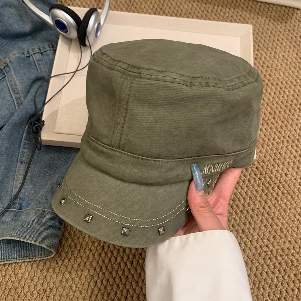 Women S Black Flat Top Beret Hat With Rivets Vintage Street Style Washable Casual