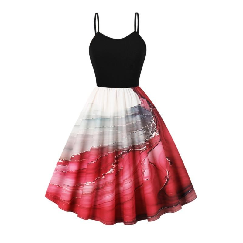A New Summer Cool Suspender Retro Printed Pendulum Dress