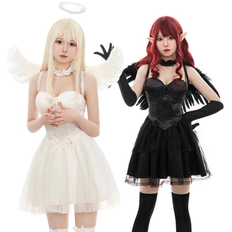 Costume d'Ange Blanc avec Jupe en Tulle Ailes Bandeau Collier Gants Cosplay Anime Fête Performance Scénique