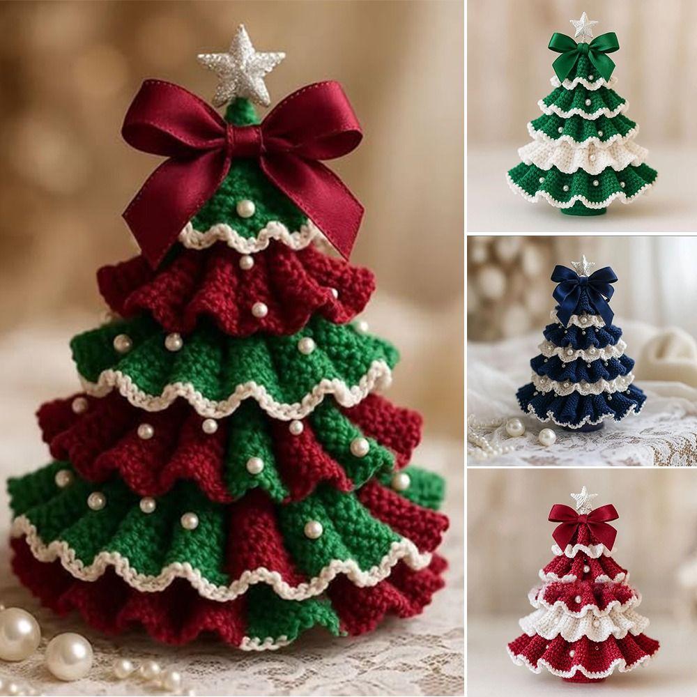 Handmade Crochet Christmas Tree Kit Festival with Bow Faux Pearl Christmas Party Crochet Decoration