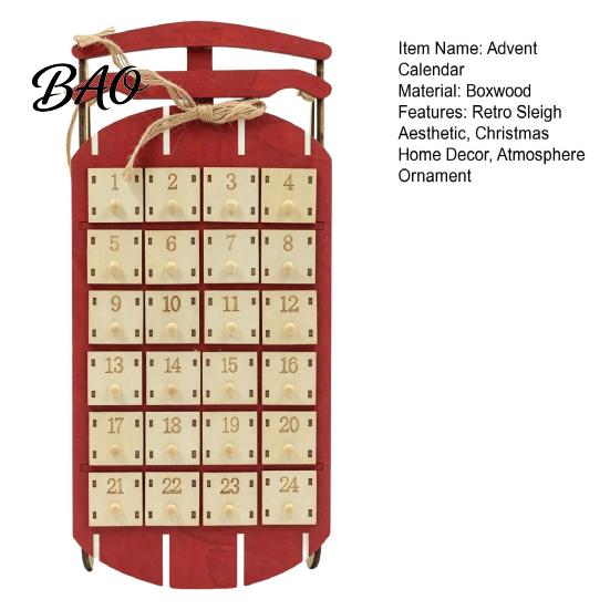 Christmas Decoration for Home Wooden Sleigh Advent Calendar, 24-Day Countdown Box with Drawers, Tabletop Display Tree Hanging Decor, Holiday Surprise