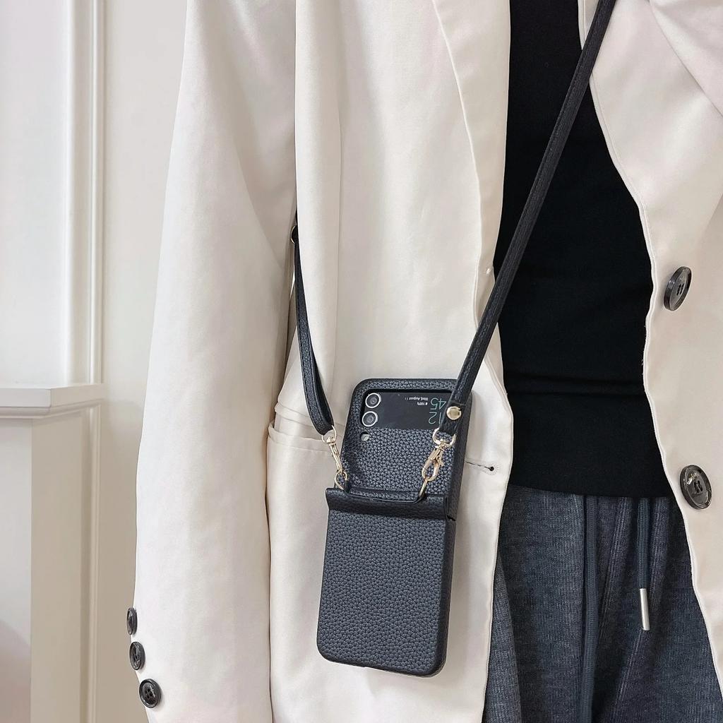 Crossbody PU Leather Phone Case for Samsung Galaxy Z Flip 6 5 4 3 Flip6 Flip5 Flip4 Flip3 5G Protective Shockproof Cover