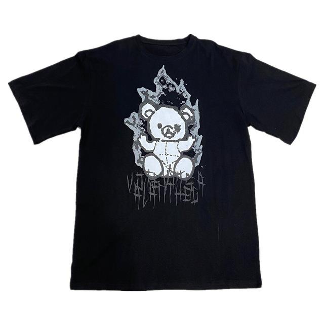 Cross-border summer new trendy brand pure cotton bear cartoon printed men's clothing Korean version loose short-sleeved T-shirt men's couple clothing