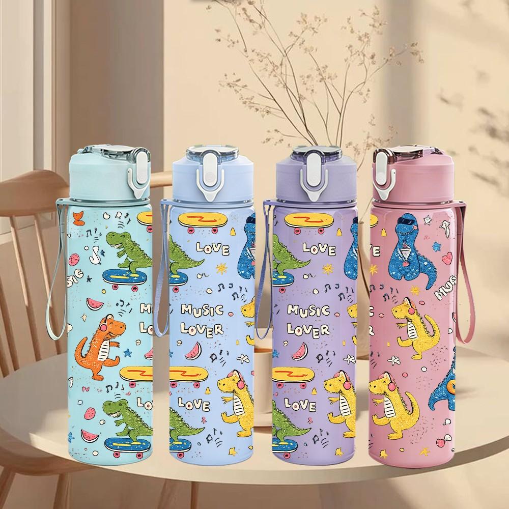 1PC Dino Doodle Hand Drawn Pattern 750ml Color Plastic Sports Water Bottle Leakproof Flip Straw Lid Suitable for Sports Office Home Use