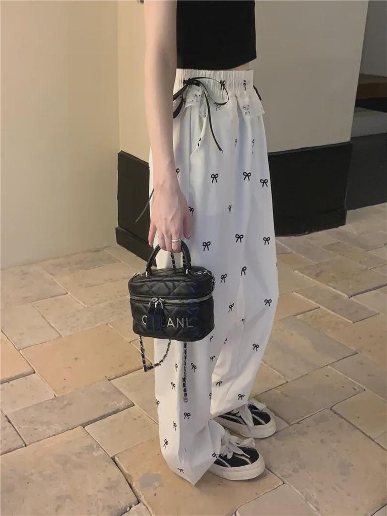 Women's Autumn Design Casual Bow Lace Splicing Elastic Waist Wide-Leg Pants
