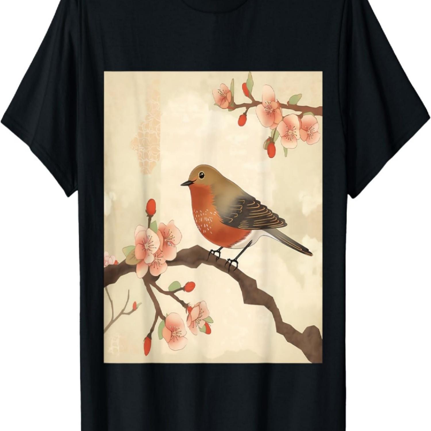 Delicate and Charming Red Robin Cherry Blossom T-Shirt S
