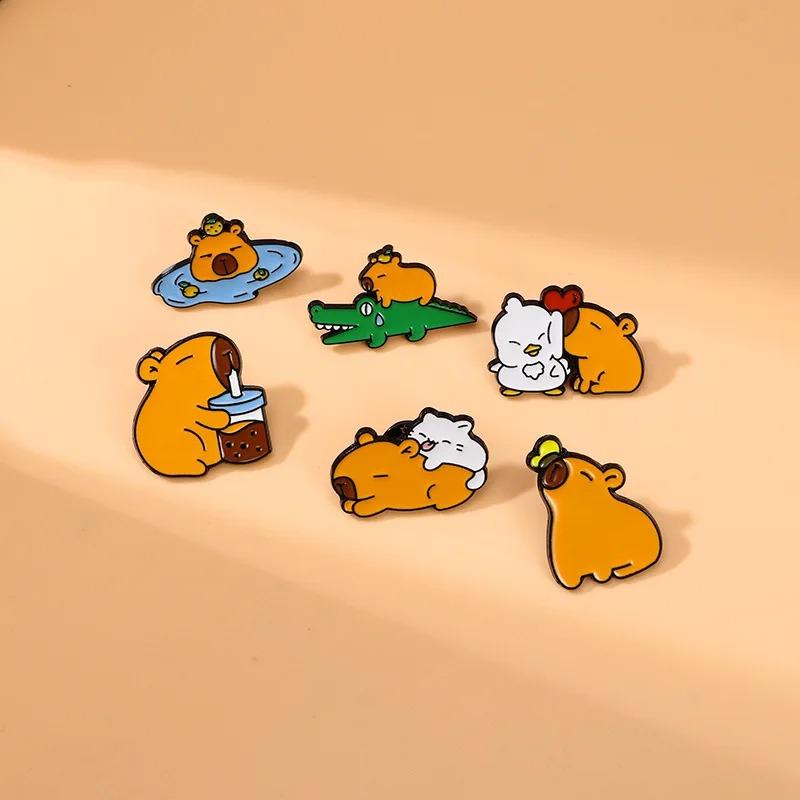 6pcs Cute Cartoon Capybara Brooch Creative Animal Duck Alloy Lapel Pin Badge Backpack Clothing Hat Accessories