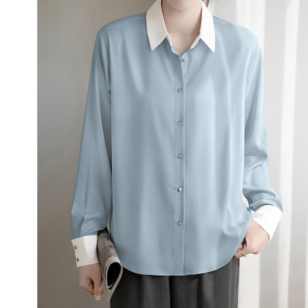 Yino Long Sleeve Collared Shirt Perfect for Spring Women's Two-Tone Blouse, Flattering, Slimming, Simple, Elegant, Casual, Commuting, Office, Formal,