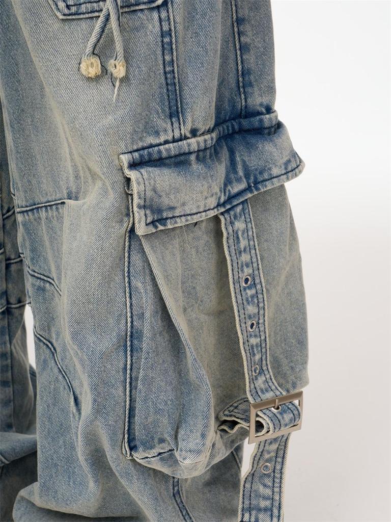 Unisex Multi-Pocket Wide Leg Ripped Denim Jeans - Trendy American High Street Style