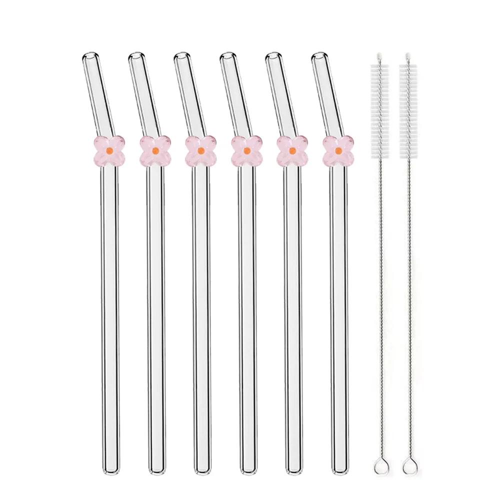 

8Pcs Flower Drinking Straw With Brush Set High Borosilicate Glass Bent Straws Set Milk Shake Coffee Cocktail Straw Bar Drinkware розовый