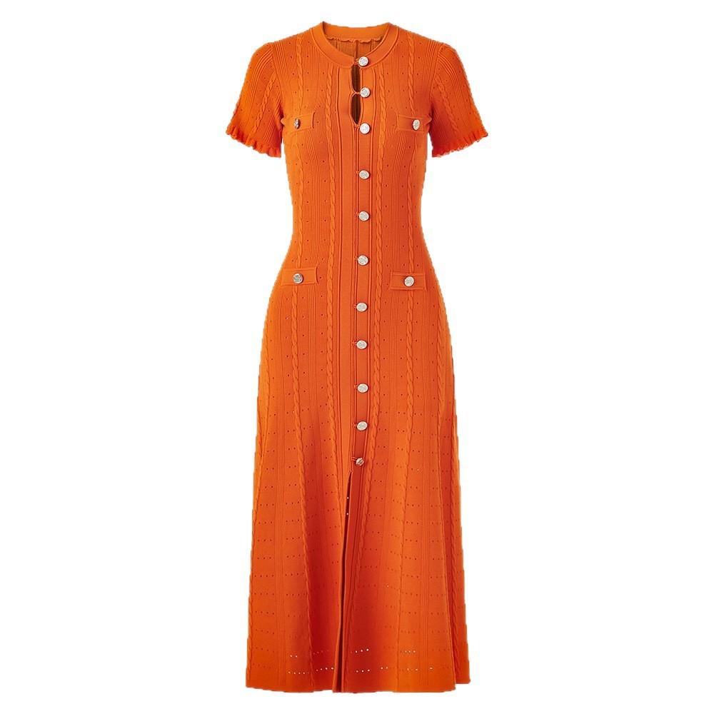 

Button Front Short Sleeve Knit Dress with Side Pockets XL помаранчевий