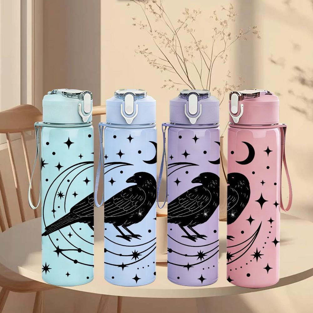 1PC Crow Moon Star Night Print 750ml Color Plastic Sports Water Bottle Leakproof Flip Straw Lid Suitable for Sports Office Home Use