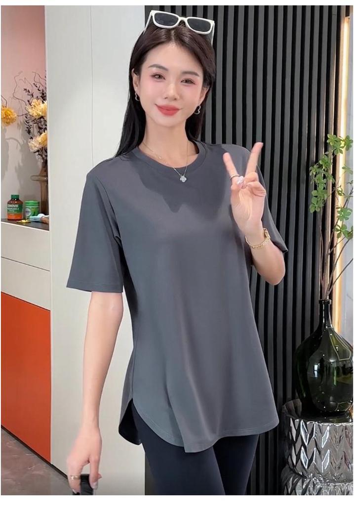 Women's Cool Ice Feel Solid Color Round Neck Short Sleeve Loose Fit Summer Top with Curved Hem