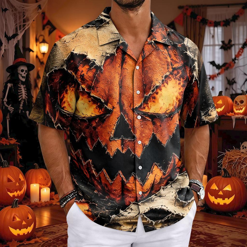 Camicia Casual da Uomo a Maniche Corte con Collo Cubano per Halloween, Vestibilità Larga